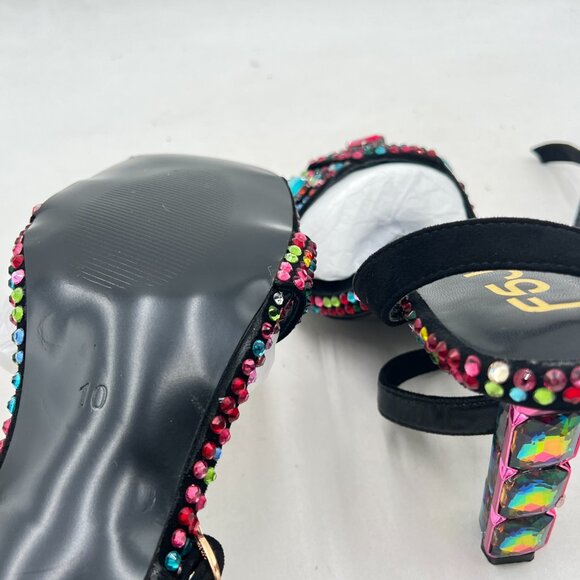 FSJ Black Colorful Rhinestones Diamond Heel Square Open Toe Ankle Strap Sandals - Picture 6 of 8